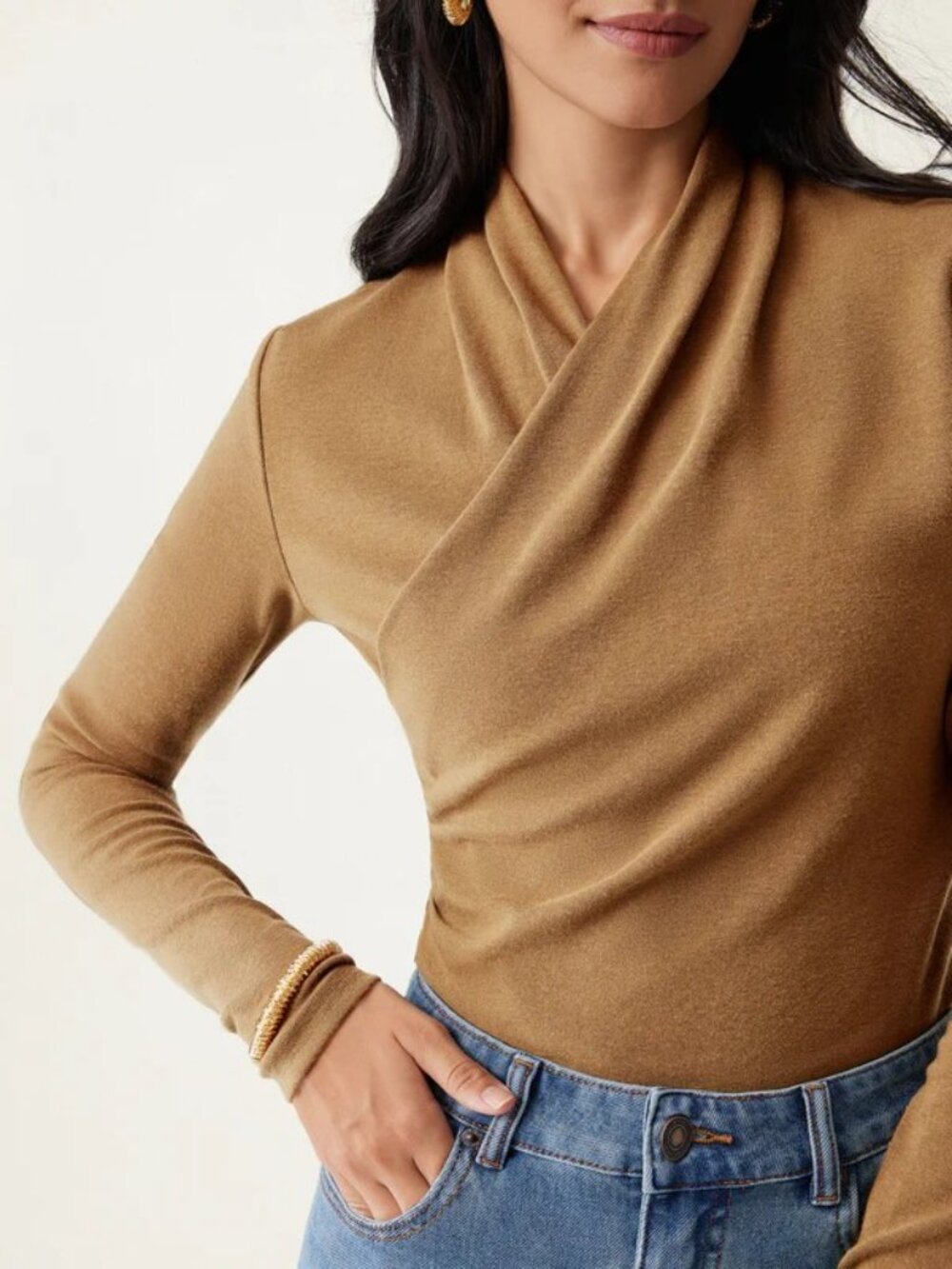 OGL LiteWarm Surplice Long Sleeve Top - Cinnamon Buff